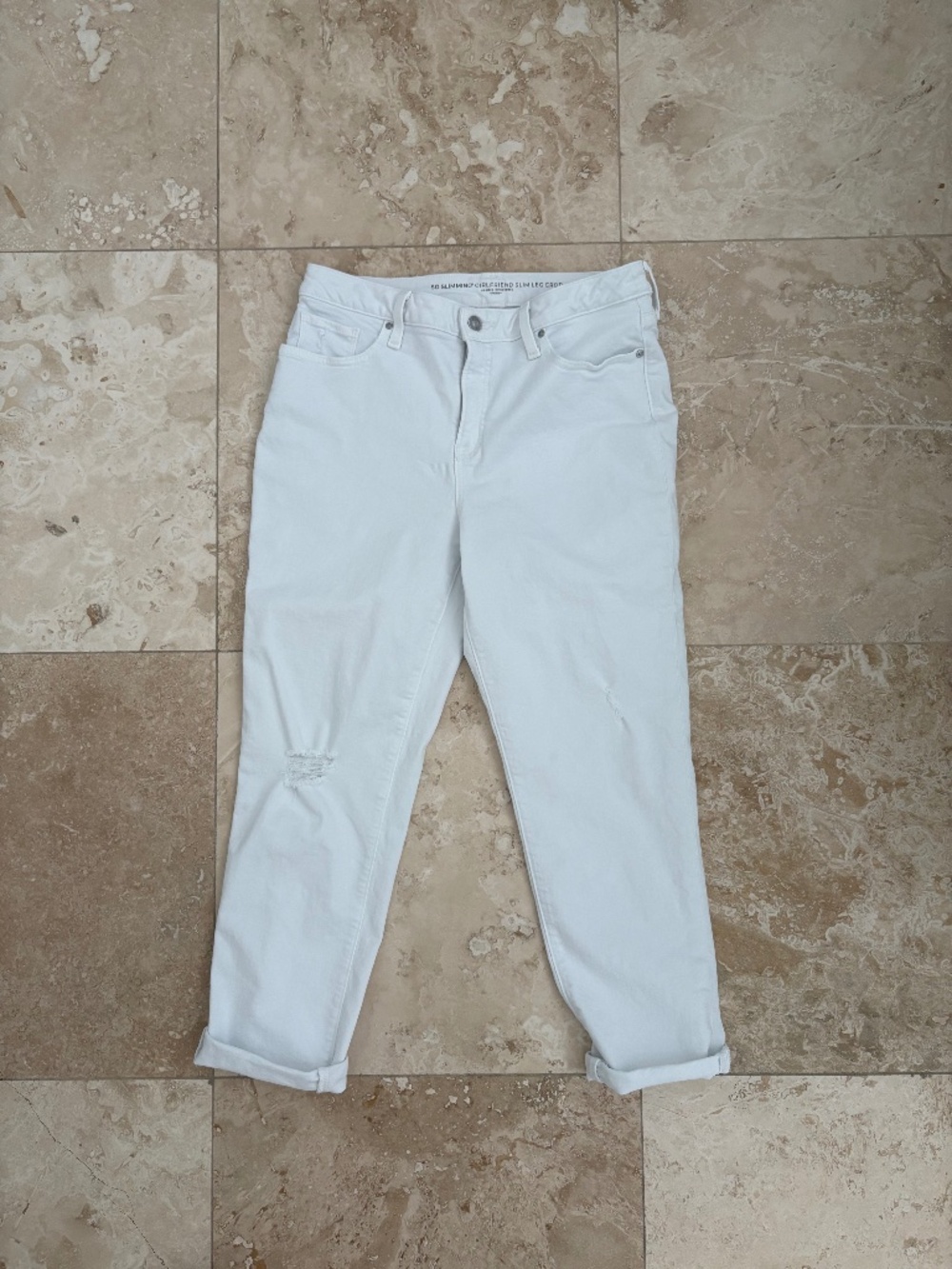 Chico’s So Slimming Girlfriend Crop Jeans White Distressed Slim Leg Size US 8
